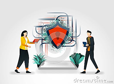 Vector illustration concept. People accessing data on internet and shields secure network connection. electronic security helps sm Vector Illustration