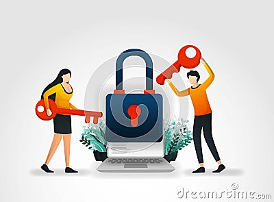 Vector illustration concept. people are holding key to trying to enter and unlock application security but fail because executive Vector Illustration