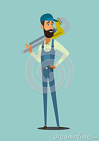 Vector Illustration Concept Plumber Service. Vector Image Cartoon Character Plumbing based on Large Wrench Lifting Finger Up Stock Photo