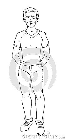 Vector illustration of a confused young man with his hands behind his back. Vector Illustration