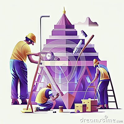 Vector illustration of a construction site with workers, workers and pyramids Generative AI Cartoon Illustration