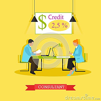 Vector illustration of consultant advising customer about bank products Vector Illustration