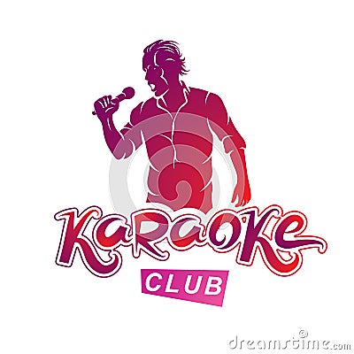 Vector illustration of content man singing, soloist holds a microphone in hand. Karaoke club, feel yourself famous superstar Vector Illustration