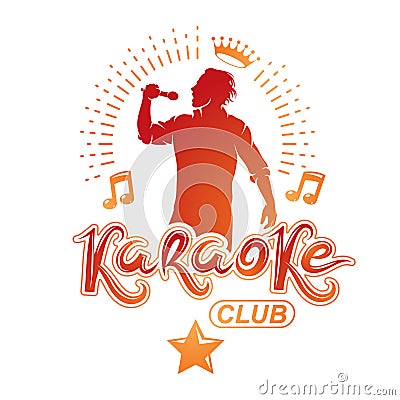 Vector illustration of content man singing, soloist holds a microphone in hand. Karaoke club, feel yourself famous superstar. Vector Illustration