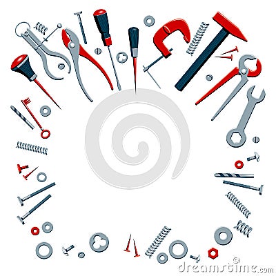 Vector illustration of the contents of a builder toolbox. Household tools arranged in a design composition. Tools of a Vector Illustration