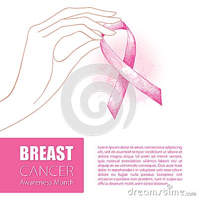 Vector illustration with contour woman hand and pink ribbon on white background. Breast Cancer Awareness Month symbol. Vector Illustration