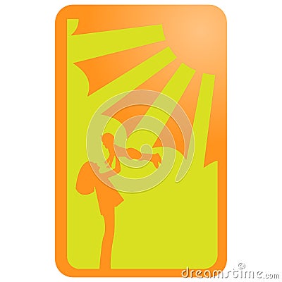 Vector illustration contrasting silhouette of orange on yellow background mother with baby in hands and sun with rays on white bac Cartoon Illustration