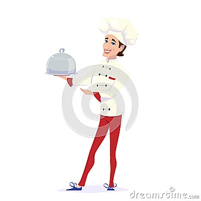 Vector illustration of cook chef carrying dinner plate meal and pointing to that Vector Illustration