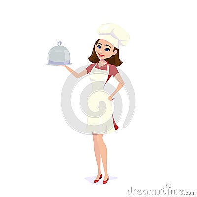 Vector illustration of cook chef girl carrying dinner plate meal Vector Illustration