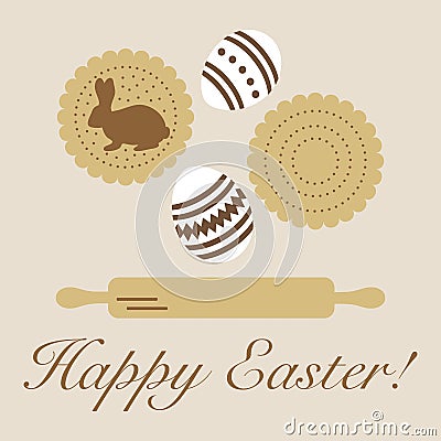 Happy Easter. Cookies, bunny, eggs, rolling pin Vector Illustration