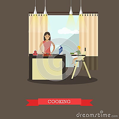 Vector illustration of cooking mother with her son in kitchen. Vector Illustration
