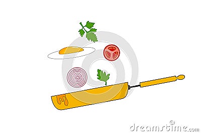 Vector illustration of cooking process of sunny side up eggs with tomatoes parsley red onion in copper frying pan Vector Illustration
