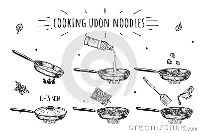 Cooking Udon asian dish process Vector Illustration