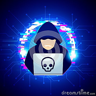 Vector illustration computer black hoodie hacker spread a net - trying cyber attack on laptop with glitch background Vector Illustration