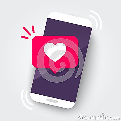 Vector illustration smartphone with heart emoji speech bubble get message on screen. Social network and mobile device concept. Gra Vector Illustration