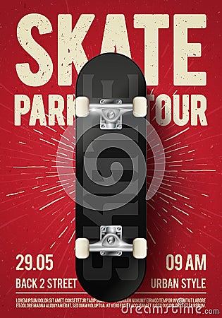 Vector Illustration Vintage Urban Skateboarding Festival Event Design Poster Flyer with Skateboard. Skate Park Tour Background wit Vector Illustration