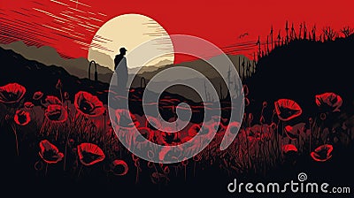 vector illustration, copy space, armicstice day, field of poppies, black soldier silhouette in the background Cartoon Illustration