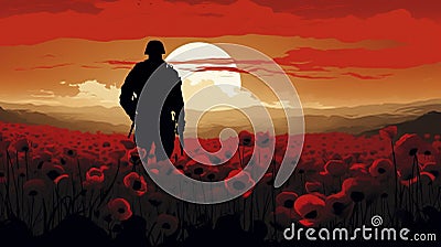 vector illustration, copy space, armicstice day, field of poppies, black soldier silhouette in the background. Cartoon Illustration