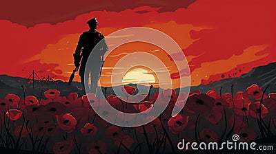 vector illustration, copy space, armicstice day, field of poppies, black soldier silhouette in the background Cartoon Illustration