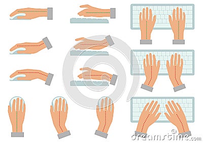 correct and incorrect hand position for use keyboard and holding mouse Vector Illustration