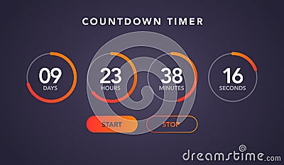 Vector illustration countdown timer website element with buttons. Flat digital clock timer application template for coming soon or Vector Illustration