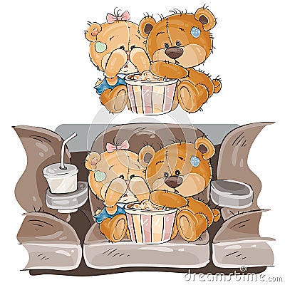 Vector illustration of a couple of brown teddy bears sitting in the cinema hall and watching a movie Vector Illustration