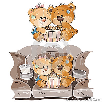 Vector illustration of a couple of brown teddy bears sitting in the cinema hall and watching a movie Vector Illustration