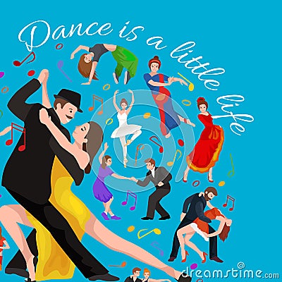 Vector illustration of couple dancing modern dance, Partners dance bachata, Dancing style design concept set Vector Illustration