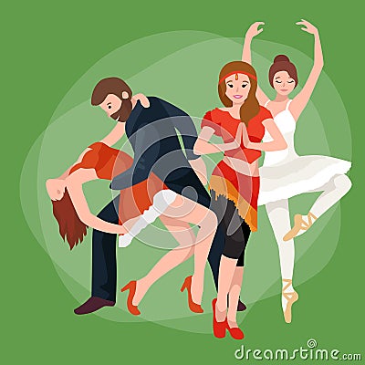 Vector illustration of couple dancing modern dance, Partners dance bachata, Dancing style design concept set Vector Illustration