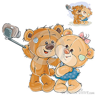 Vector illustration of a couple of enamored brown teddy bears making his selfie photo on a smartphone Vector Illustration