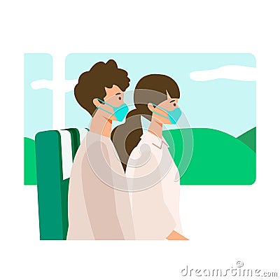 Vector illustration of a couple refrain from conversation in public transport. Concept art for â€˜Traveling in the New Normal Vector Illustration