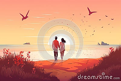 Vector illustration of a couple walking on the beach at sunset. Love concept. Generative AI Cartoon Illustration