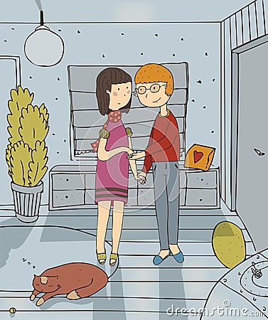 Vector illustration with couple who are staying in hallway of new house, with smile on face, sleeping cat on carpet. Colorful Cartoon Illustration