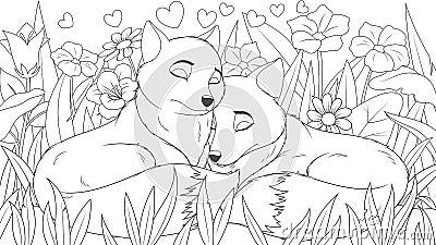 Vector illustration, a couple of wild foxes in love is sleeping in a meadow among flowers Vector Illustration