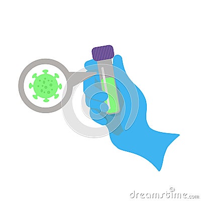 A doctor, laboratory assistant or scientist holds in his hand a test tube with the contents. A protective medical glove Vector Illustration