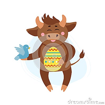 Vector illustration of cow, ox or bull with easter egg and spring bird. Year of bull 2021 concept. Spring holidays, easter concept Vector Illustration