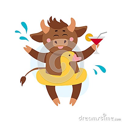 Vector illustration of cow, ox or bull swimming in inflatable circle and relaxing in pool with cocktail glass. Year of bull 2021 Vector Illustration