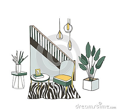 Vector illustration of a cozy cartoon interior of a home room, a living room with a sofa, coffee table, chest of drawers, shelf Cartoon Illustration