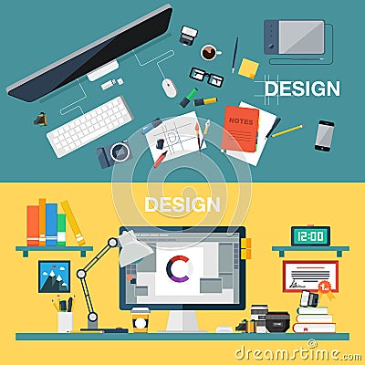 Vector illustration of creative design office workspace, designer workplace. Top view of desk background with digital Vector Illustration