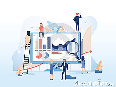 Vector illustration. Creative teamwork. People are building a business project on the Internet. The monitor screen Vector Illustration