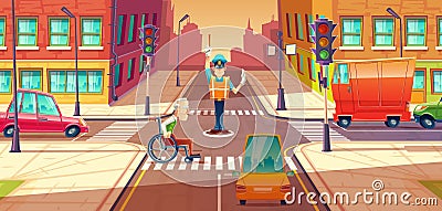 Vector illustration of crossing guard adjusting transport moving, city crossroads with pedestrian, disabled person. Vector Illustration