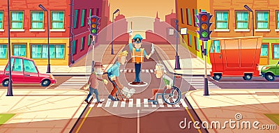 Vector illustration of crossing guard adjusting transport moving, city crossroads with pedestrians, disabled people. Vector Illustration