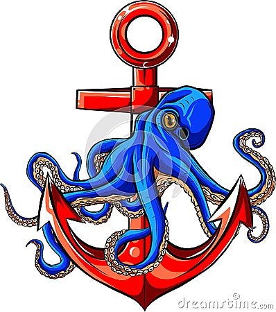 vector illustration of ctopus holding a ships anchor on white background. digital hand draw Vector Illustration