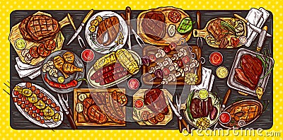 Vector illustration, culinary banner, barbecue background with grilled meat, sausages, vegetables and sauces. Vector Illustration