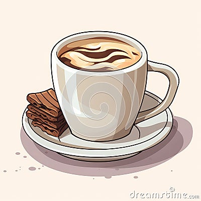 vector illustration of a cup of coffee on a saucer with a piece of chocolate Cartoon Illustration