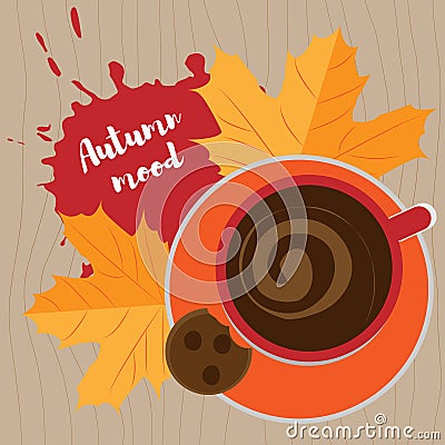 Cup with coffee top view on a wooden background Vector Illustration