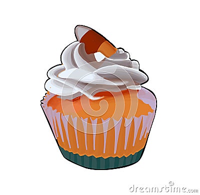 Vector illustration of a cupcake. Orange fruit cupcake isolated on white background. Autumn mood Vector Illustration