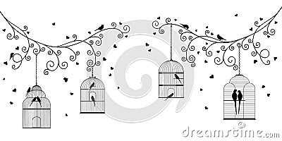 Vector illustration of curly blossom tree branches with hearts, hanging cages, wild and domestic birds Vector Illustration