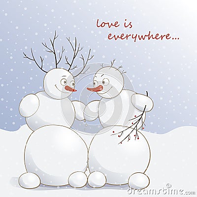 Vector illustration of cute amorous snowmen under the snow Vector Illustration