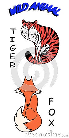 Vector illustration of cute animal set including tiger and fox Cartoon Illustration